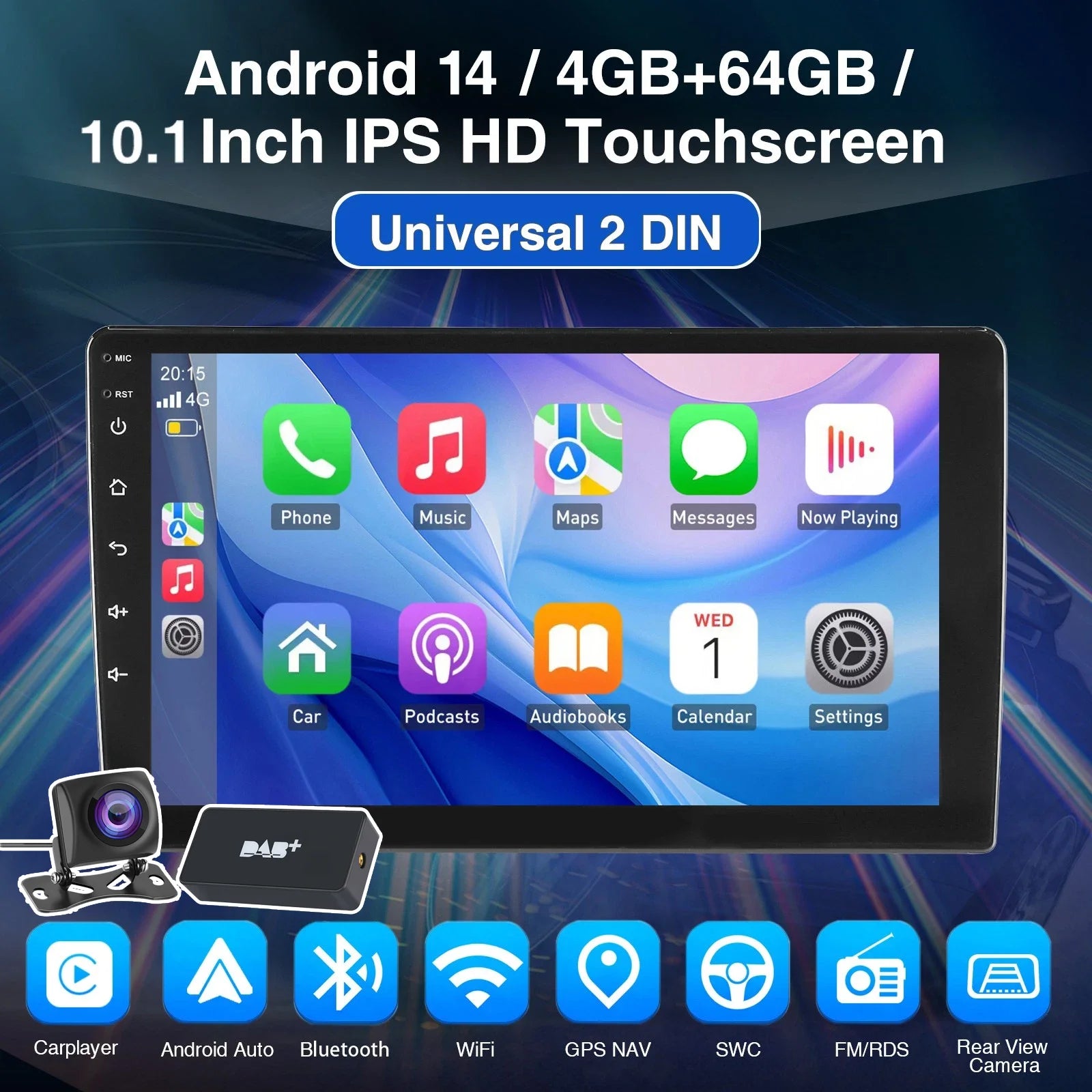 Android 15 Double DIN Car Stereo 4GB RAM 64GB ROM Wireless CarPlay Android Auto GPS FM Radio Touchscreen