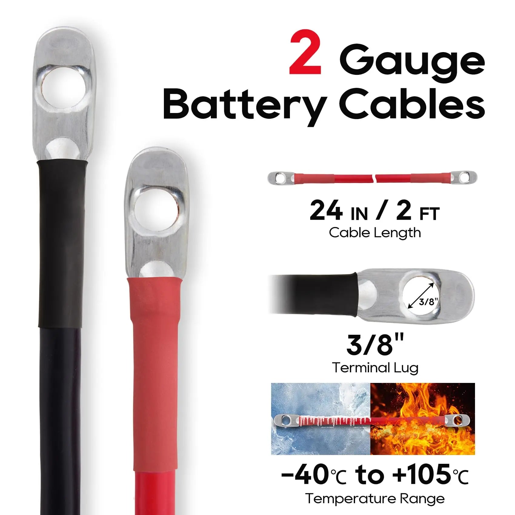 2 AWG Battery Inverter Cable Set 24-Inch Pure Copper Wire with 3/8" Ring Terminals