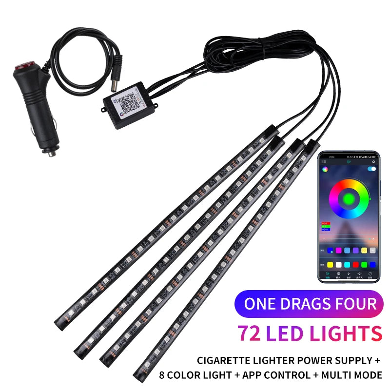 Neon LED Car Interior Ambient Foot Strip Light Kit RGB Backlight Remote App Music Control