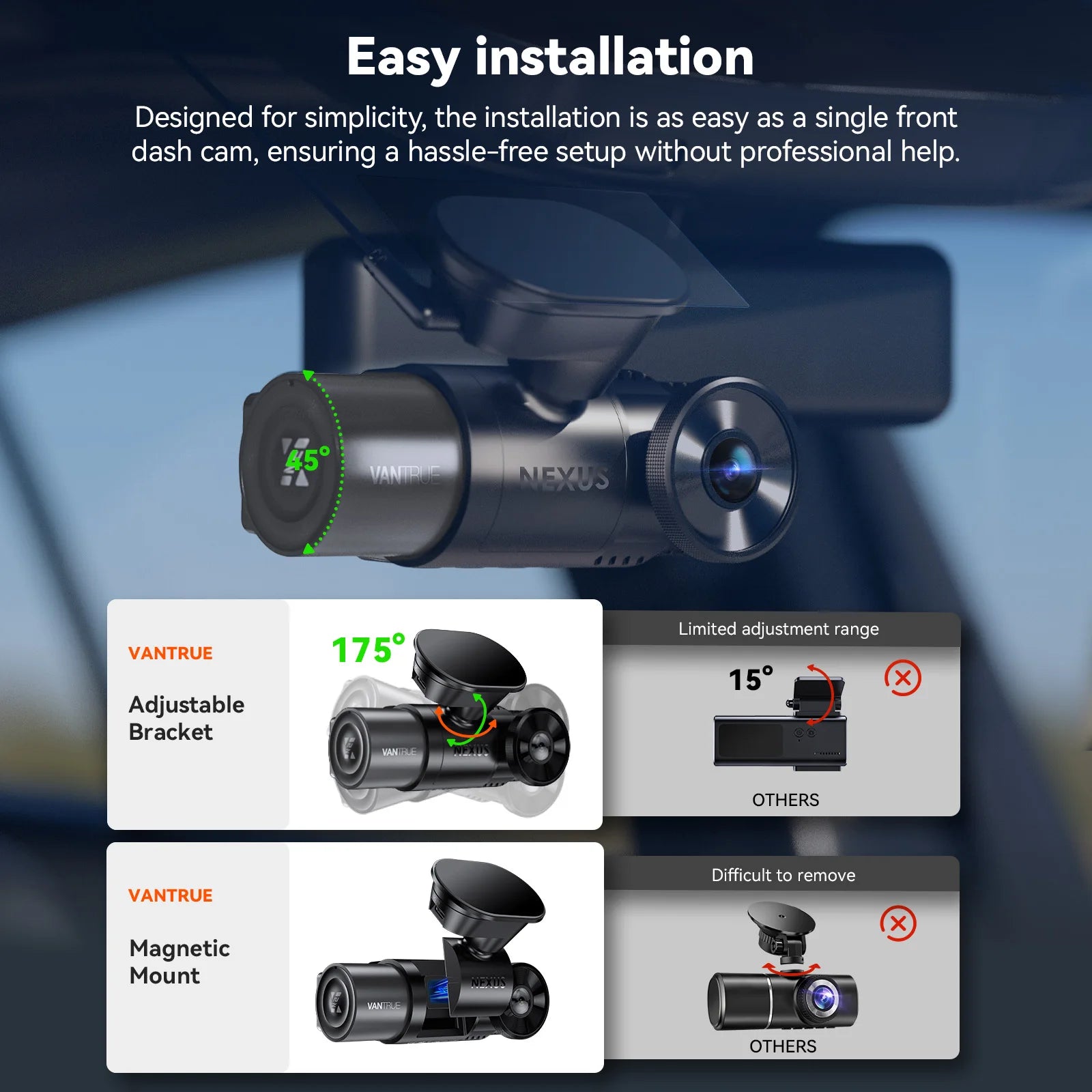 Vantrue N2X 2.7K HDR Dual Dash Cam Front and Inside 5G WiFi GPS Night Vision Voice Control