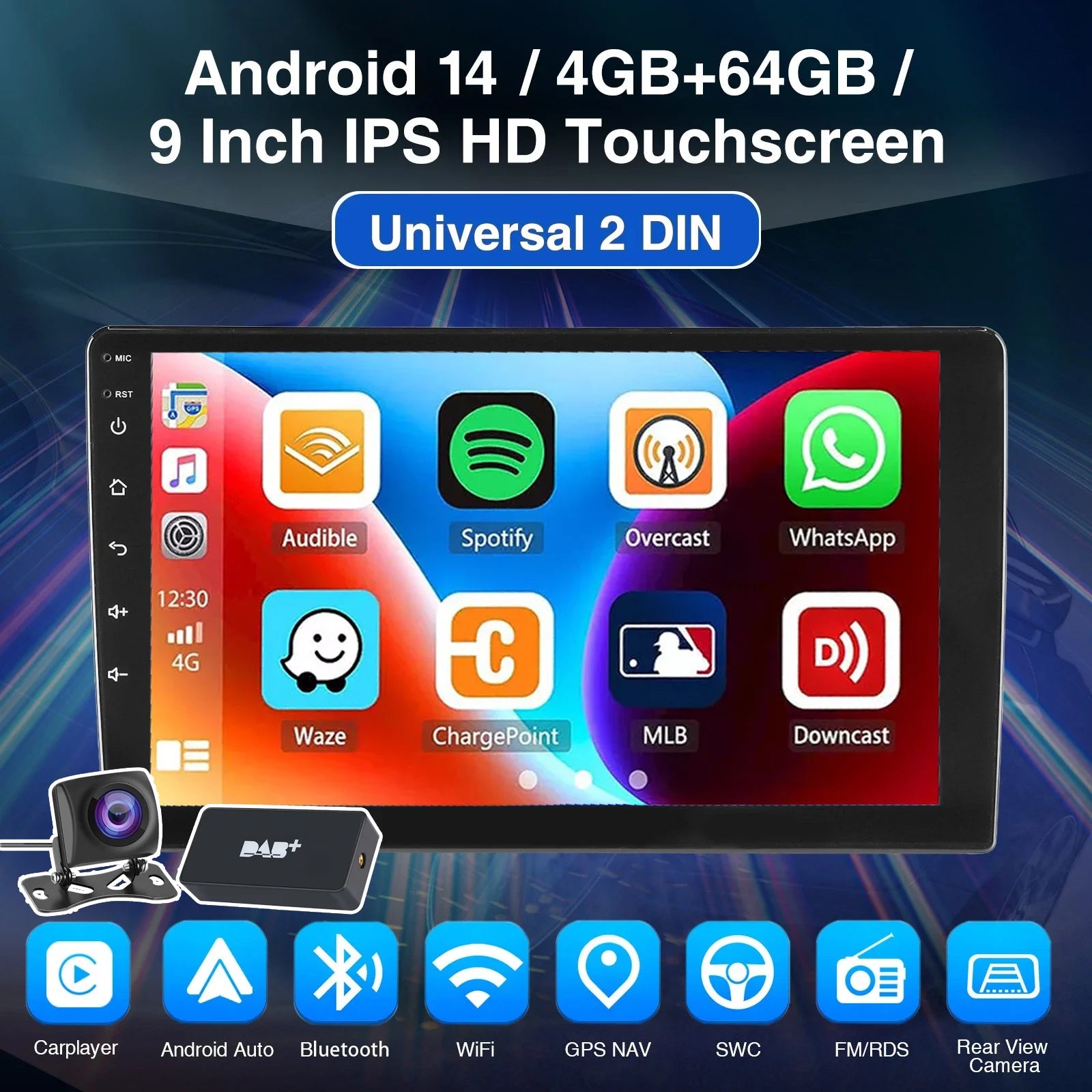 Android 15 Double DIN Car Stereo 4GB RAM 64GB ROM Wireless CarPlay Android Auto GPS FM Radio Touchscreen