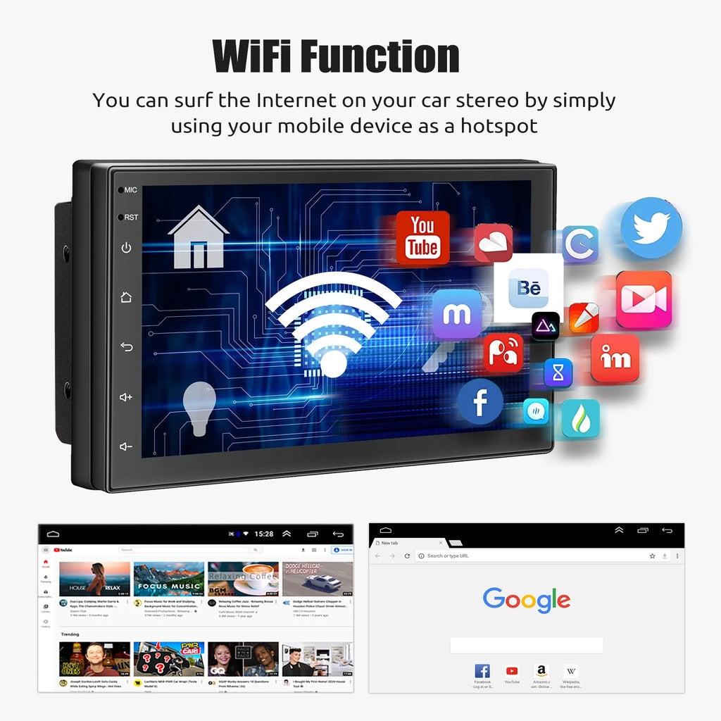 Android 15 Double DIN Car Stereo 4GB RAM 64GB ROM Wireless CarPlay Android Auto GPS FM Radio Touchscreen