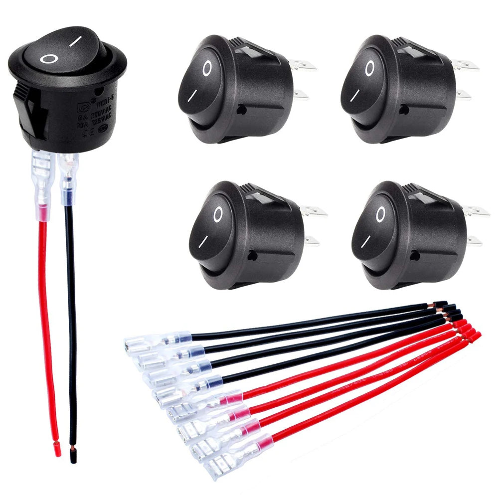 Round Rocker Switch ON/Off 20mm 2-Pin SPST 12V 24V for Car Boat RV 5-Pack