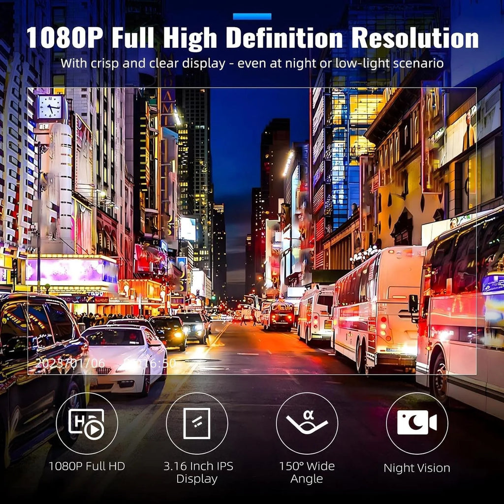 1080P Dual Dash Cam with Front and Rear Cameras Night Vision G-Sensor Loop Recording 3.16-Inch IPS Screen