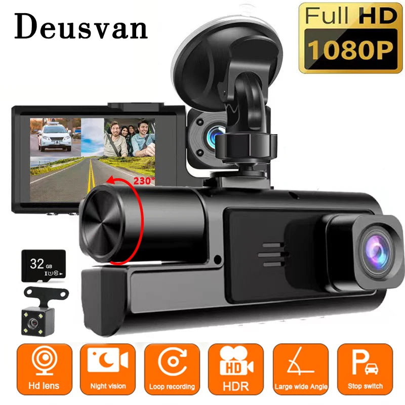 3-Channel 1080P Dash Cam with Front Inside Rear Cameras Night Vision G-Sensor Loop Recording