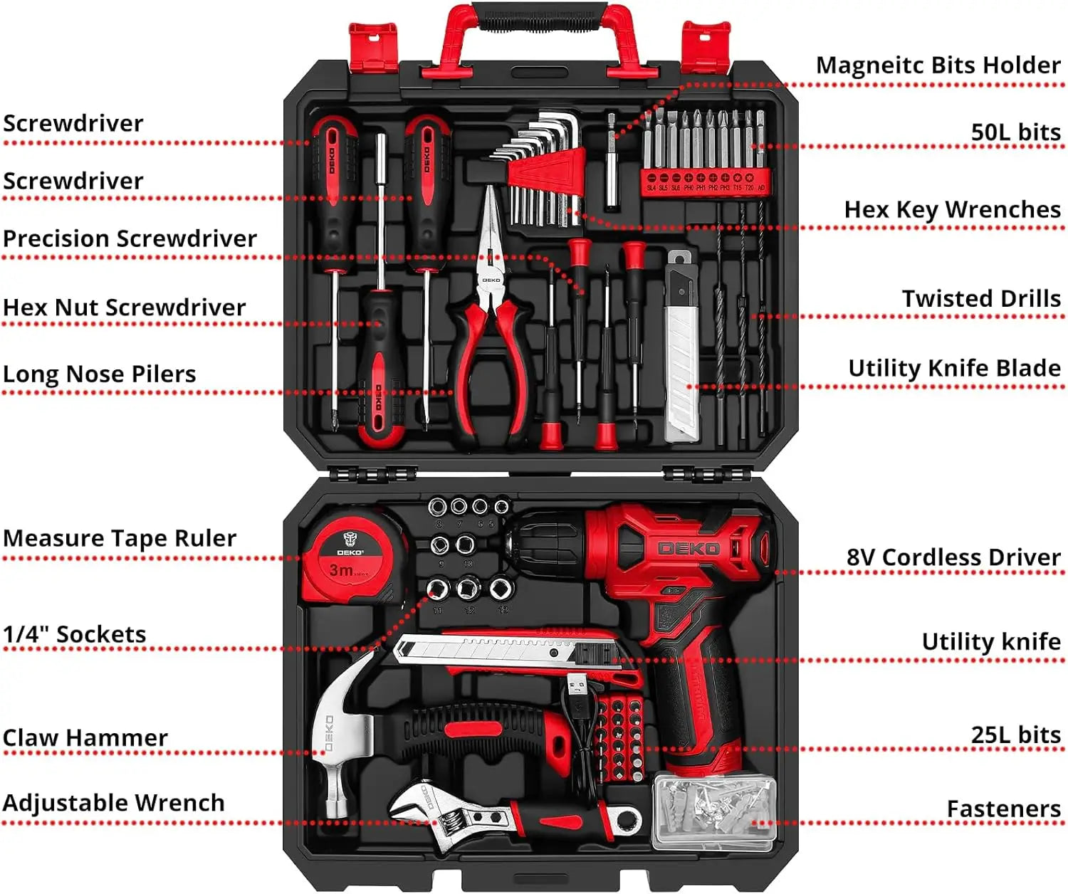 8V Cordless Drill 126-Piece Home Tool Kit with Hand Tools for Women Red