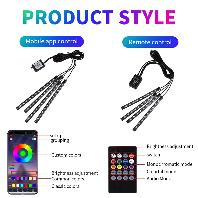 Neon LED Car Interior Ambient Foot Strip Light Kit RGB Backlight Remote App Music Control