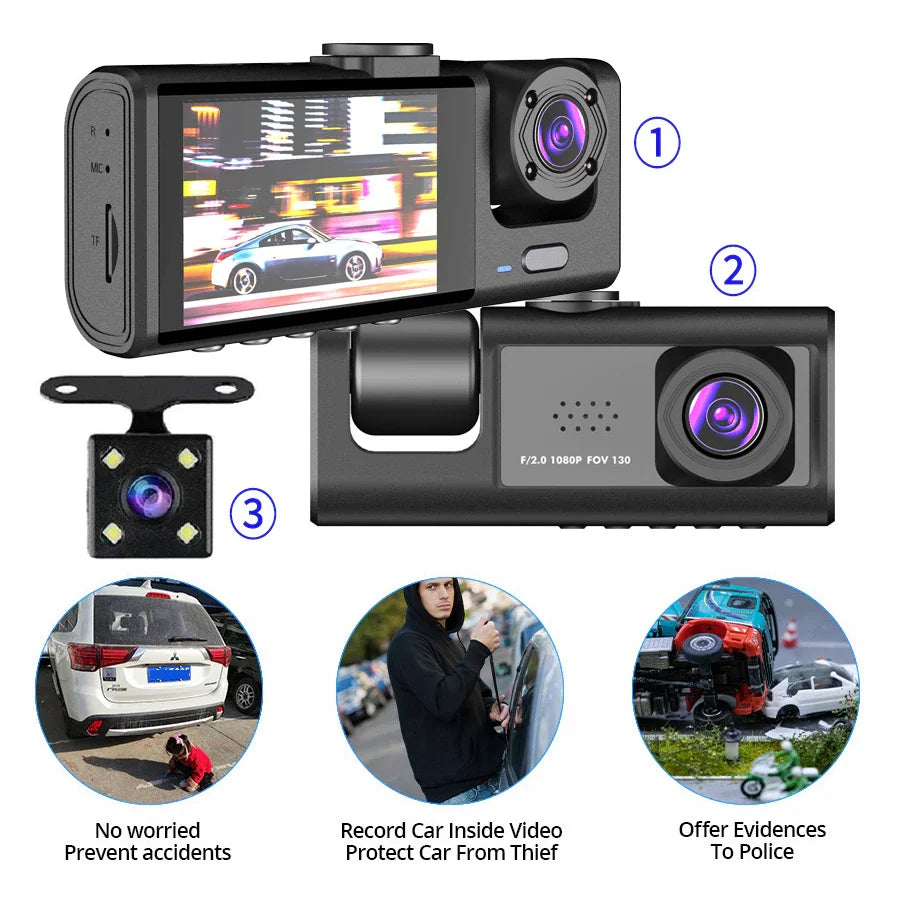 3-Channel 1080P Dash Cam with Front Inside Rear Cameras Night Vision G-Sensor Loop Recording