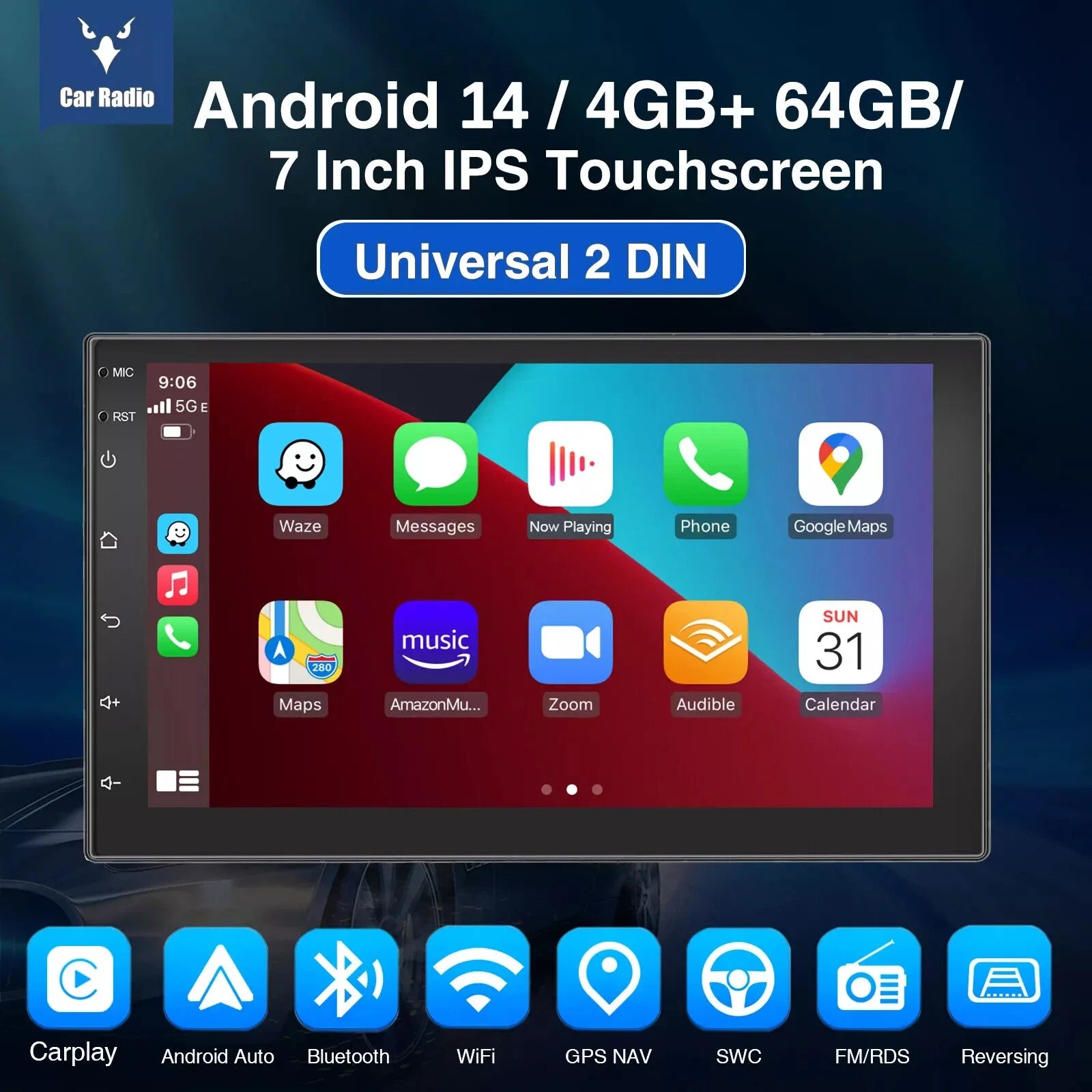 Android 15 Double DIN Car Stereo 4GB RAM 64GB ROM Wireless CarPlay Android Auto GPS FM Radio Touchscreen