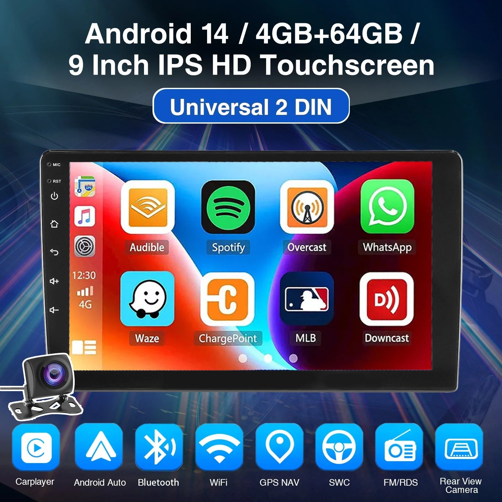 Android 15 Double DIN Car Stereo 4GB RAM 64GB ROM Wireless CarPlay Android Auto GPS FM Radio Touchscreen